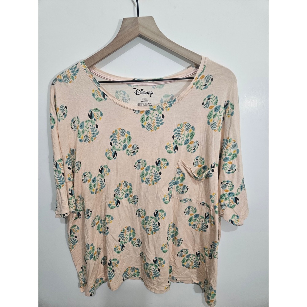 Disney Mickey Mouse Botanical Leaf Print Pocket T-Shirt Peach XXL
